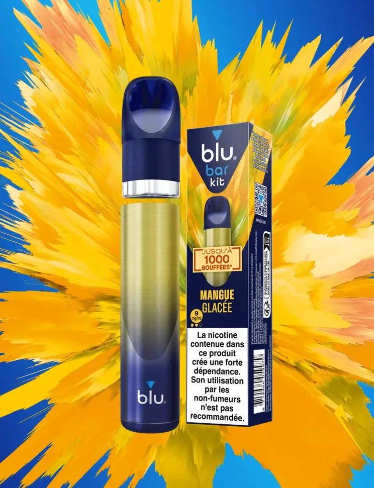 Visuel promotionnel de la Blu Bar Kit avec son pack de capsules Mangue Glacée